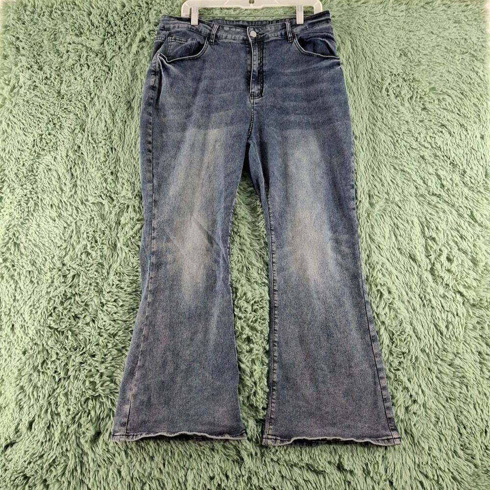 Romwe 2xl Jeans Flare Wide Leg Womens Blue Stretch Embroidered Pockets